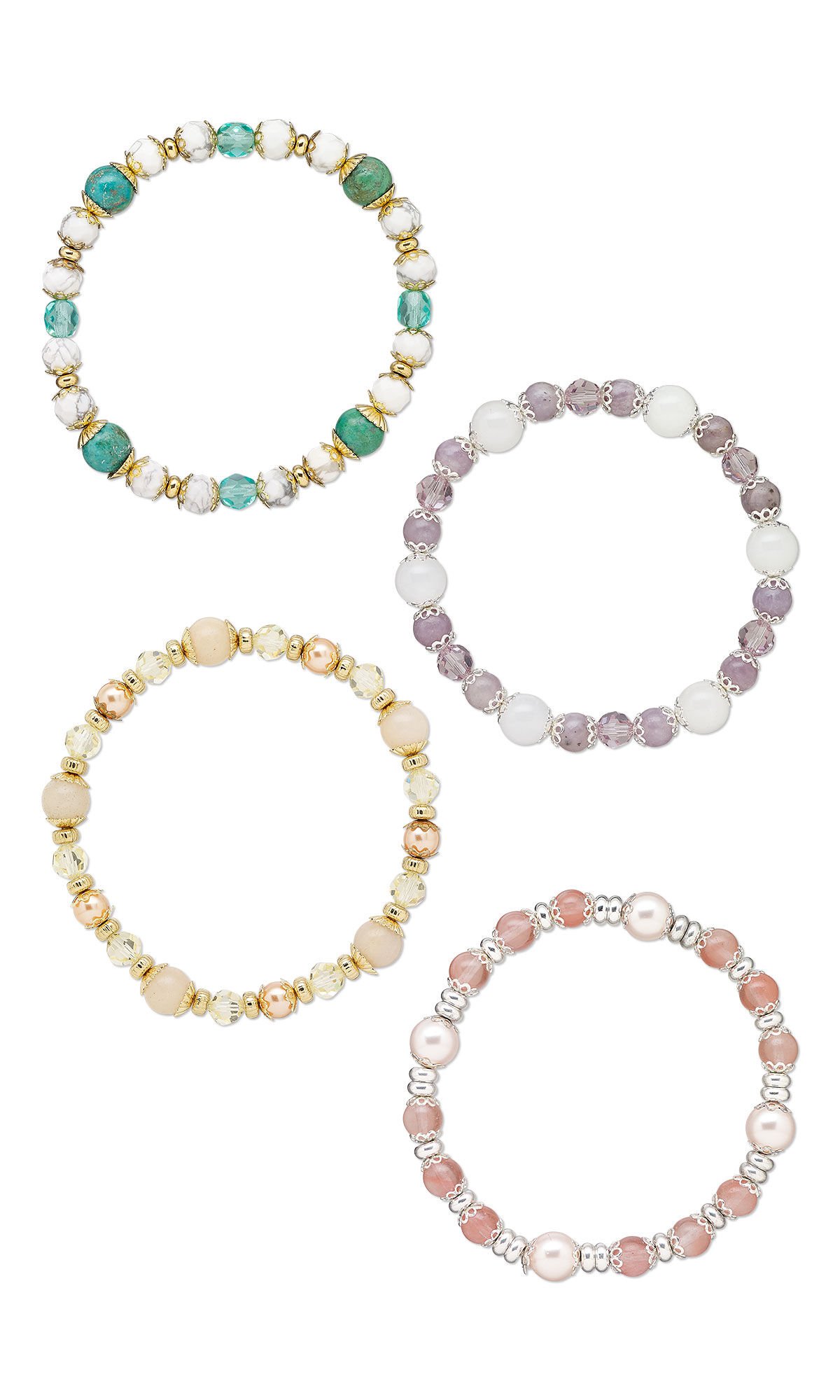 Design Idea R K 2 7 - Four bracelets&mdash;muted shades of green, pink, orange and lavender&mdash;have round gemstone beads alternating with silver or gold beads, pearl druk beads and crystal beads.