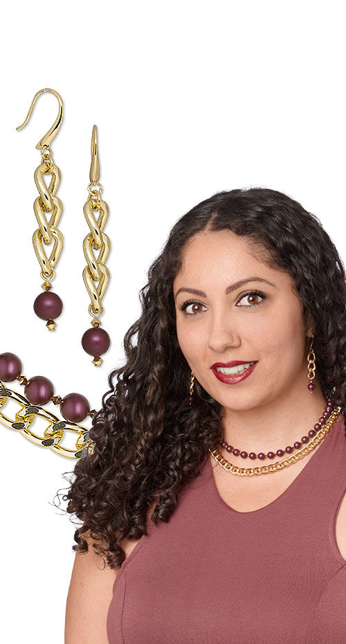 Model wearing necklace and earrings made with crystal passions pearls
