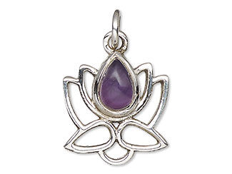 Silver lotus charm with teardrop-shaped purple gemstone