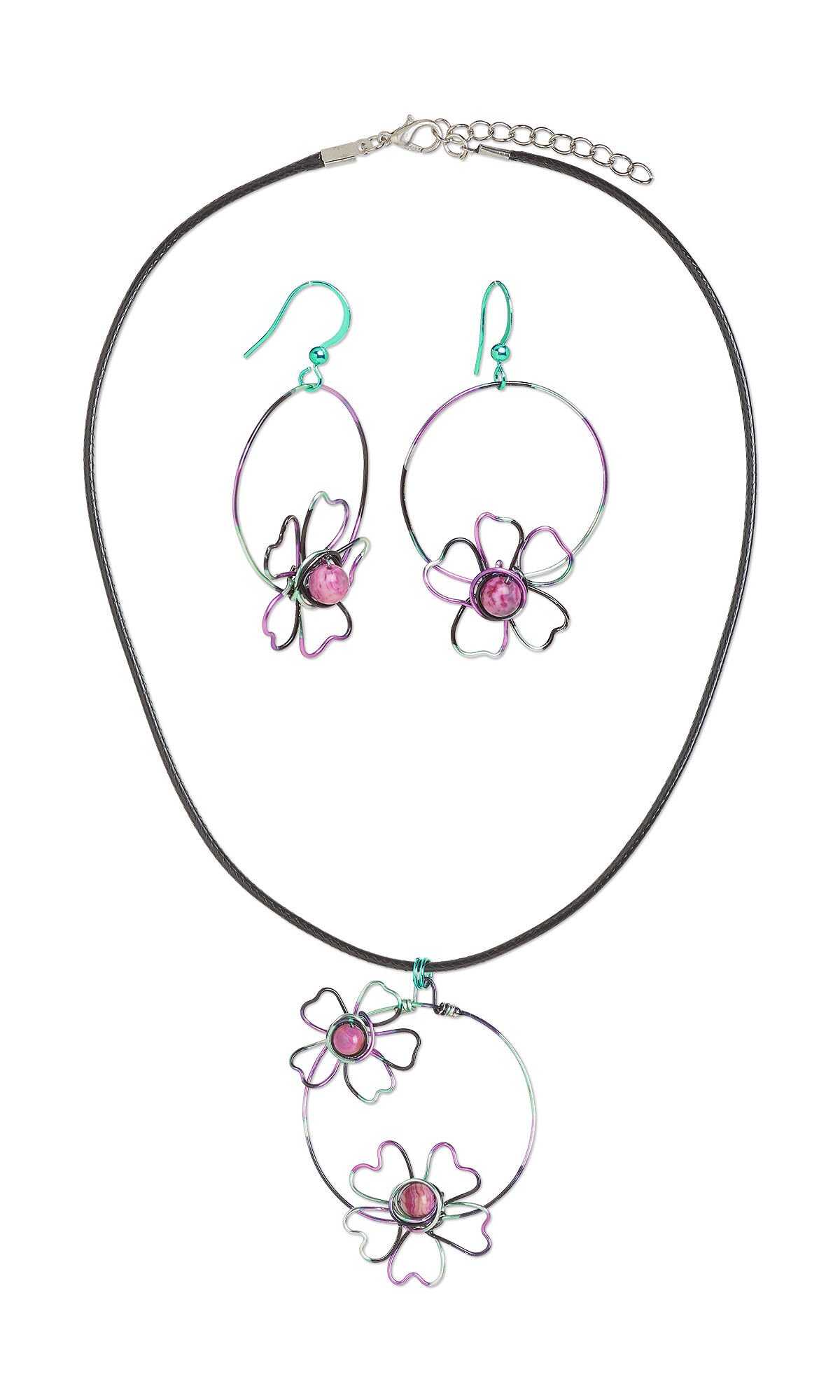 Design idea R J 2 P - Necklace and earrings both have pendants of large circles of pink and green wire with wire flowers that have pink gemstone centers.