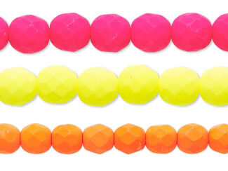 Strands of bright pink, yellow and orange matte-finished opaque glass beads