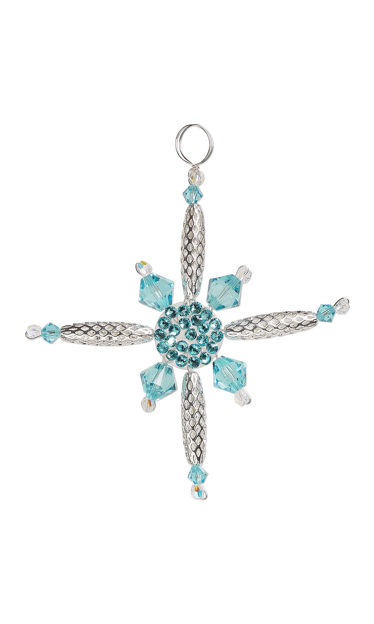 Design Idea S N 2 4 &ndash; Ornament is shaped like an eight-pointed star, with every other prong being a lot shorter than the others. It has long, oval silvery beads and turquoise-hued bicones.