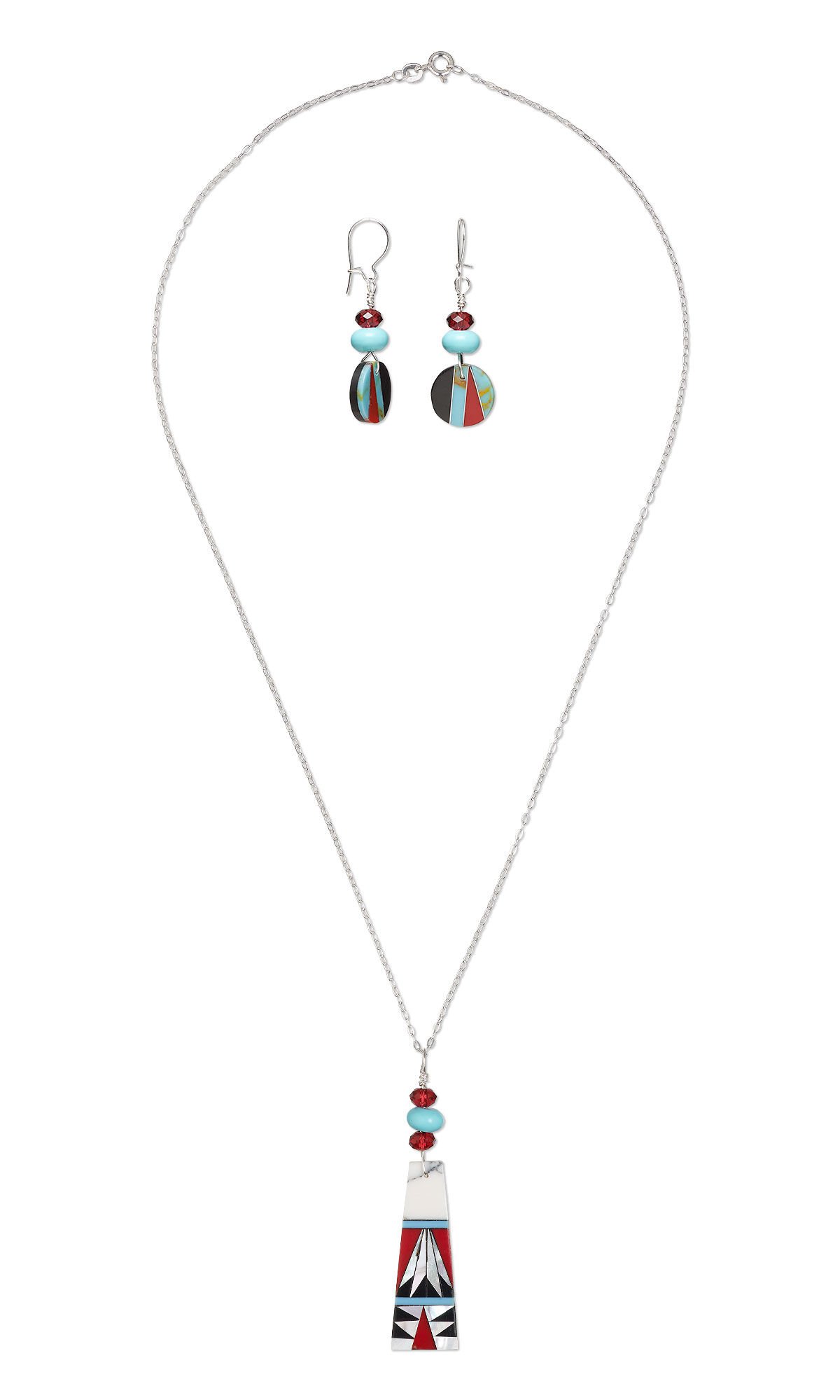 Design Idea S B 3 4 &ndash; Necklace features silver chain with a focal of a long trapezoid containing blue, red and iridescent geometric designs, topped by turquoise blue and red beads. Earrings feature a round drop in the same colors, also topped by turquoise blue and red beads.