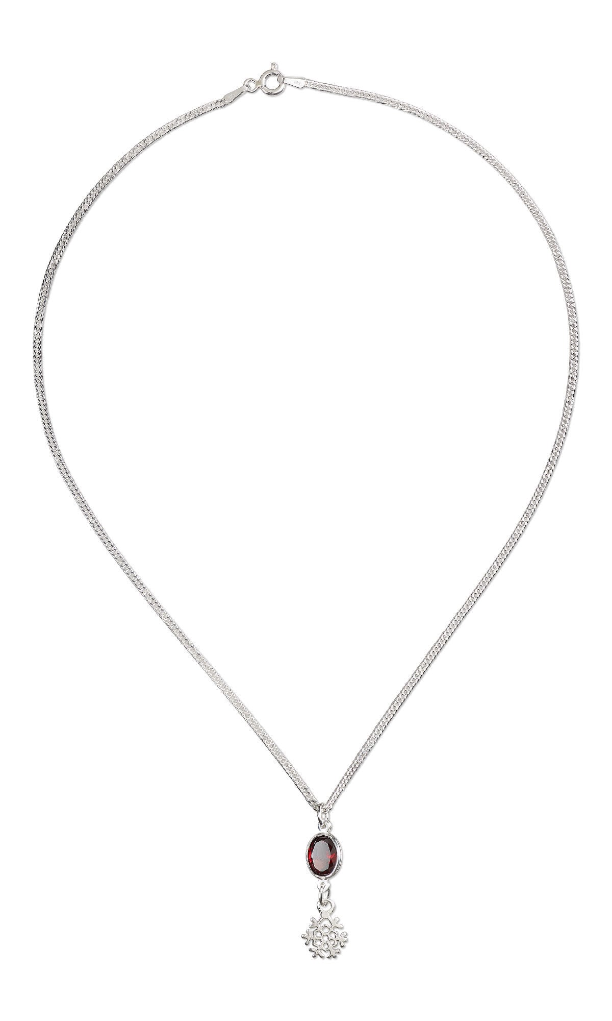 Design Idea S&ndash;M&ndash;2&ndash;2, a necklace featuring a hand-cut faceted oval almandite garnet gemstone set in a sterling silver bezel link, suspended from a sterling silver curb chain with a dangling open snowflake charm accent.