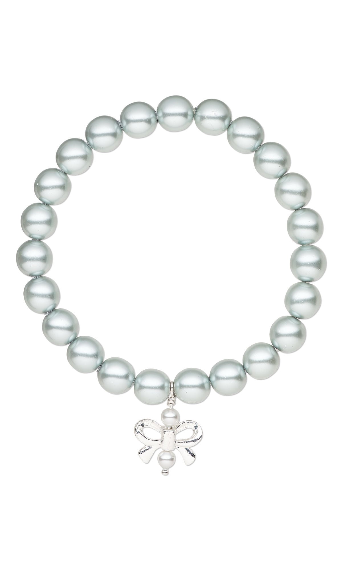 Design Idea S H 2 B &ndash; Stretch bracelet features light blue pearl-coated round druk beads. A drop with a silver-finish bow bead with tiny Crystal Passions&reg; pearls on either side dangles from the bracelet.