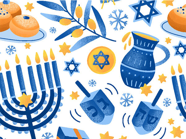 Various menorahs, dreidels, stars and snowflakes