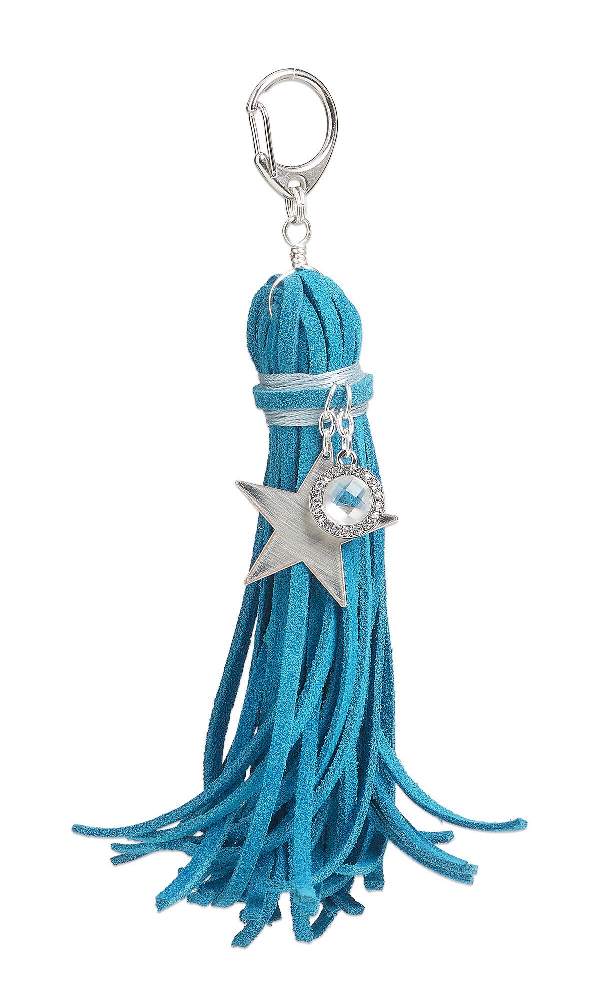 Design Idea S A 2 K - Charm has a large clasp with a tassel of turquoise suede lace. Two silver charms&mdash;a star and a circle&mdash;hang from the suede lace binding the tassel at the top. 