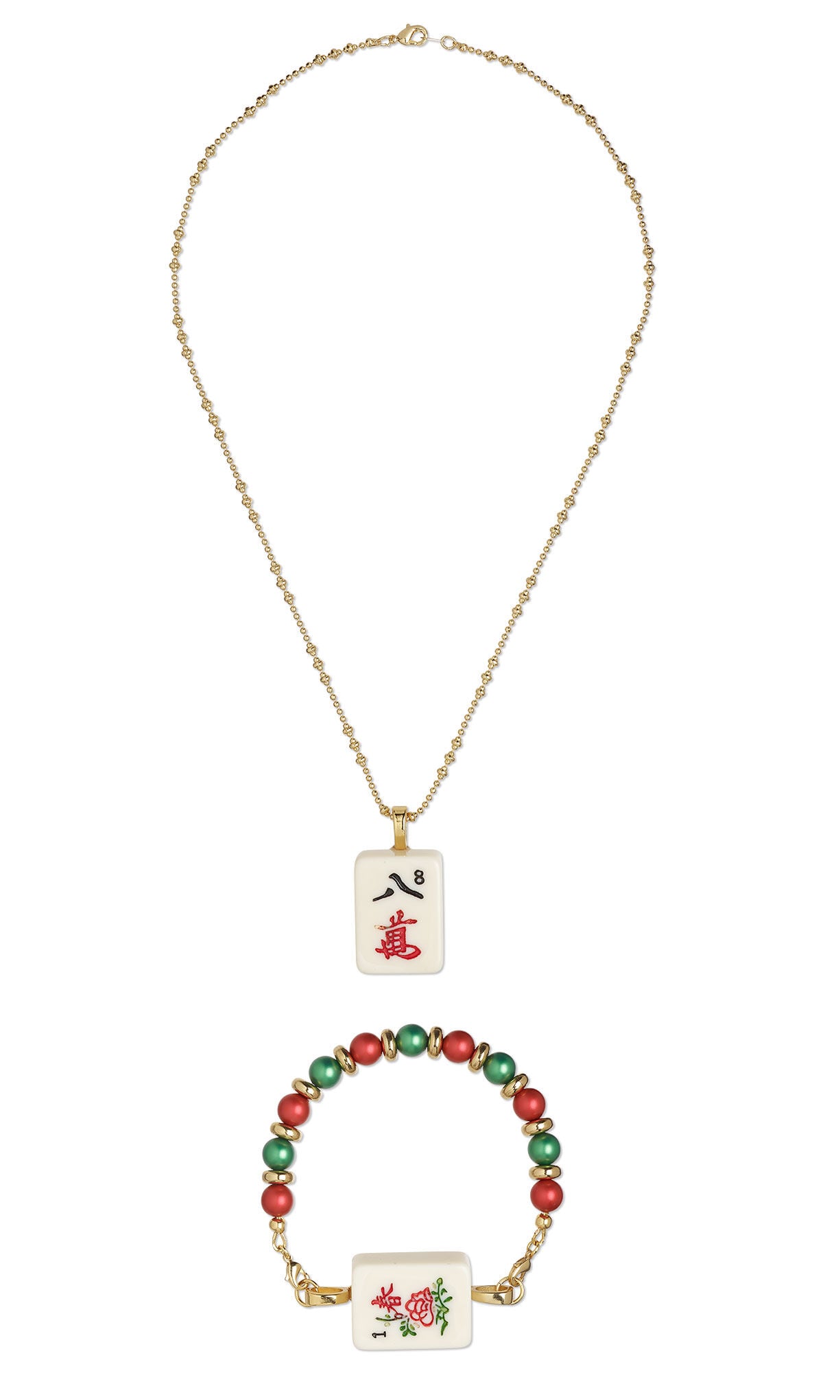 Design Idea S J 2 G &ndash; A mahjong tile hangs from gold-finished ball chain. The bracelet features a mahjong tile on a bracelet of red and green crystal pearls and gold-plated rondelle beads.