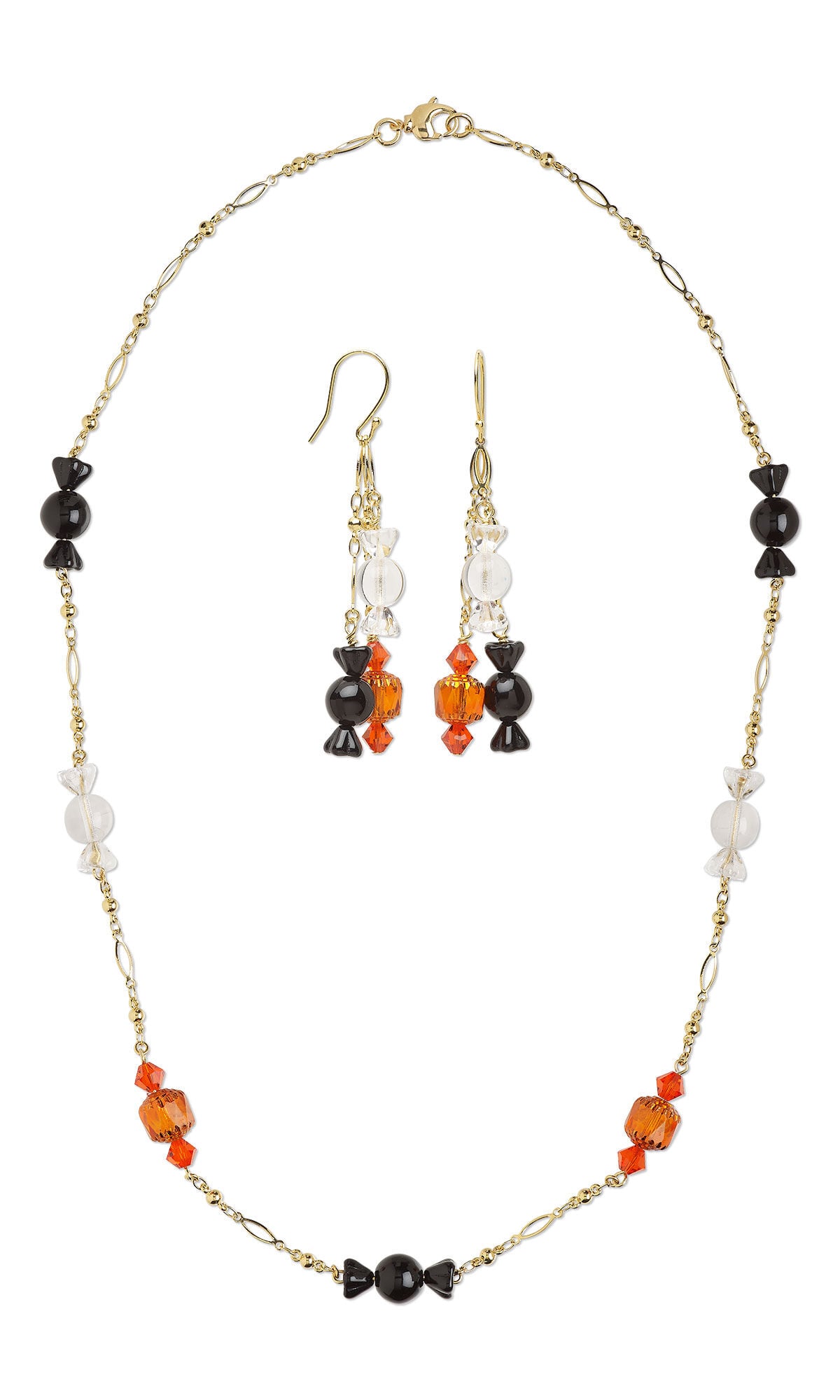 Design Idea S K 2 2 &ndash; Candy necklace and earrings made with Preciosa Czech druk, cathedral and pressed glass beads with gold-finished brass chain and gold-plated fishhook ear wires