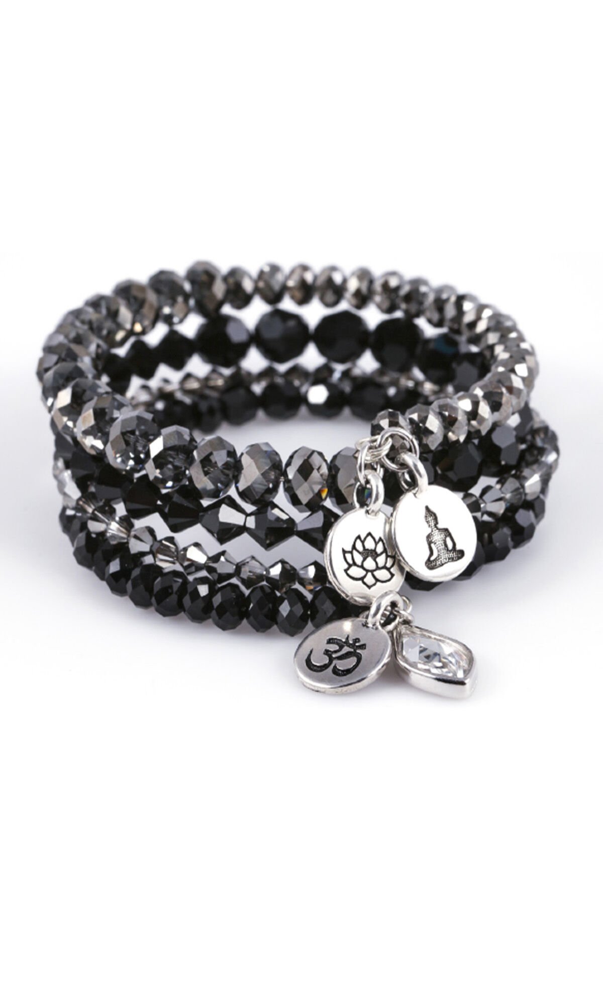 Design Idea R H 3 9 - Black and silver crystal beaded memory wire bracelet featuring four silver charms: a Buddha, a lotus flower, an Om symbol, and a teardrop crystal