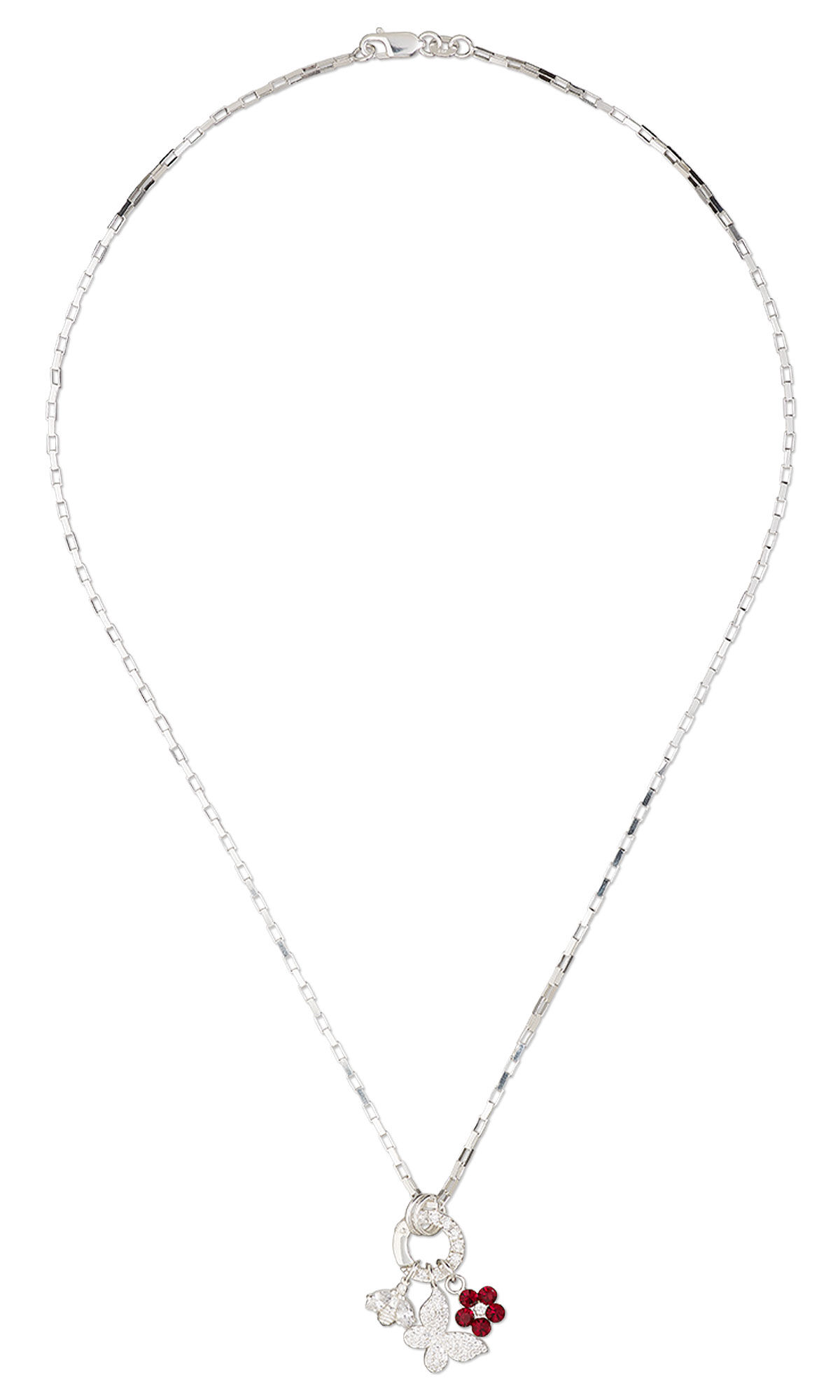 Design Idea S A 2 S &ndash; Necklace has boxy silver chain and a circular pendant with cubic zirconia. Three charms hang from the pendant&mdash;a bee, a flower and a butterfly.