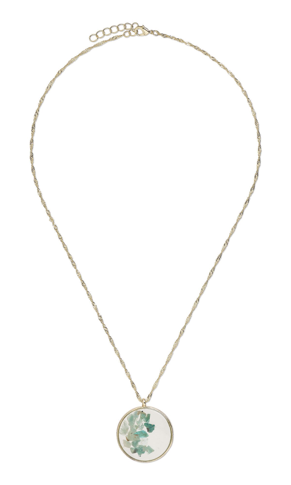 Design Idea R G 2 T - A round pendant suspended from delicate gold chain contains clear resin in which grandidierite chips are embedded.