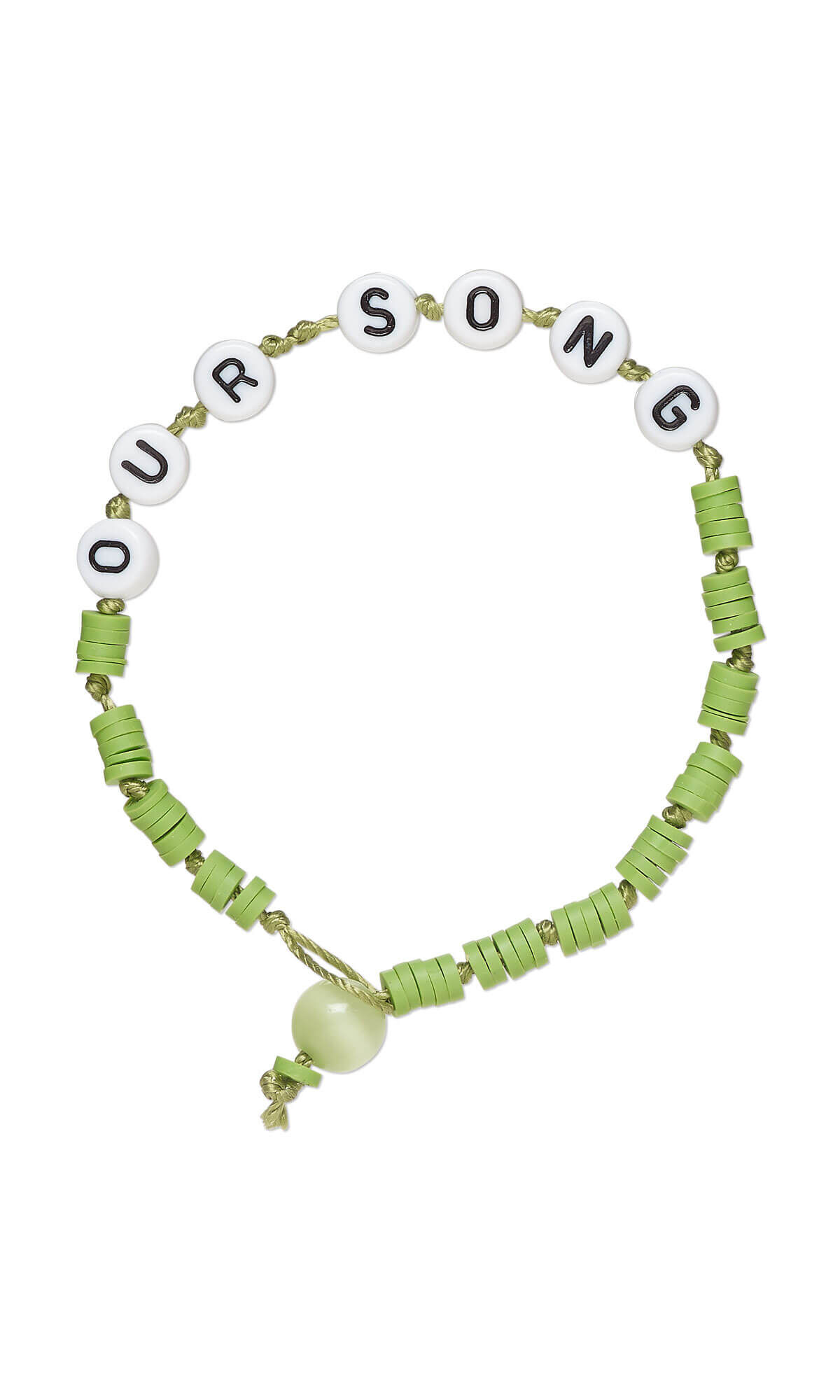 Green beaded bracelet with letter beads spelling "our song"