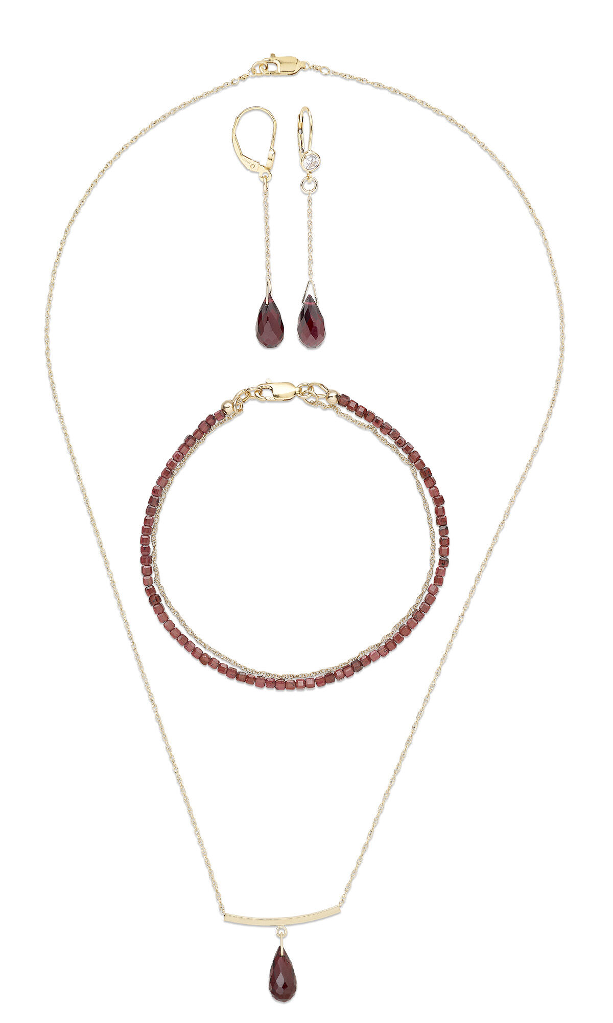 Jewelry set featuring a gold-filled necklace with a curved bar and garnet briolette drop, matching leverback earrings with cubic zirconia accents and garnet drops, and a double-strand bracelet combining garnet cube beads and fine gold-filled chain.