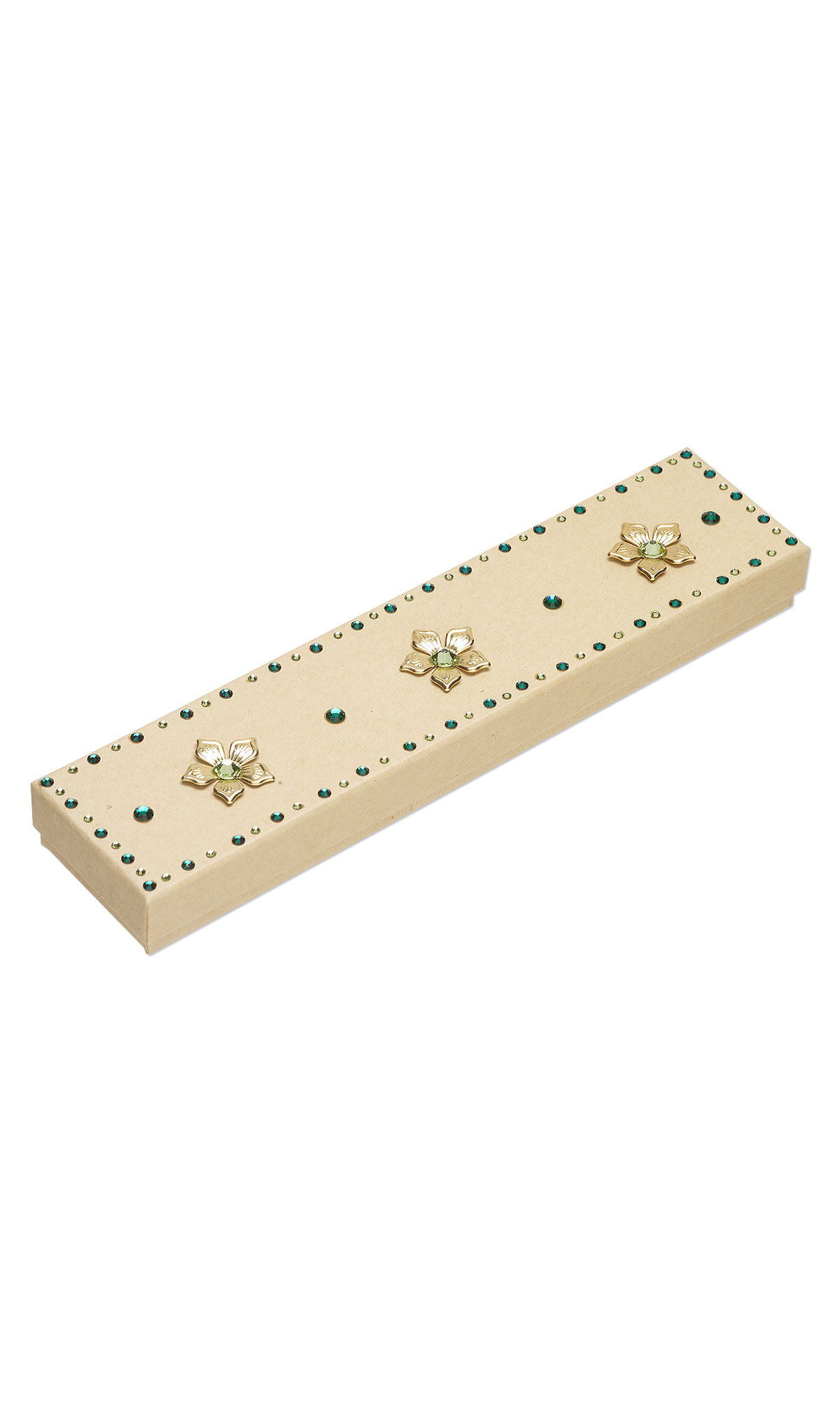 Design Idea S G 2 E, a kraft rectangle gift box decorated with Crystal Passions&reg; foil-back flat back crystals in emerald and peridot tones arranged in a floral-inspired pattern, accented with a gold-finished metal flower embellishment.
