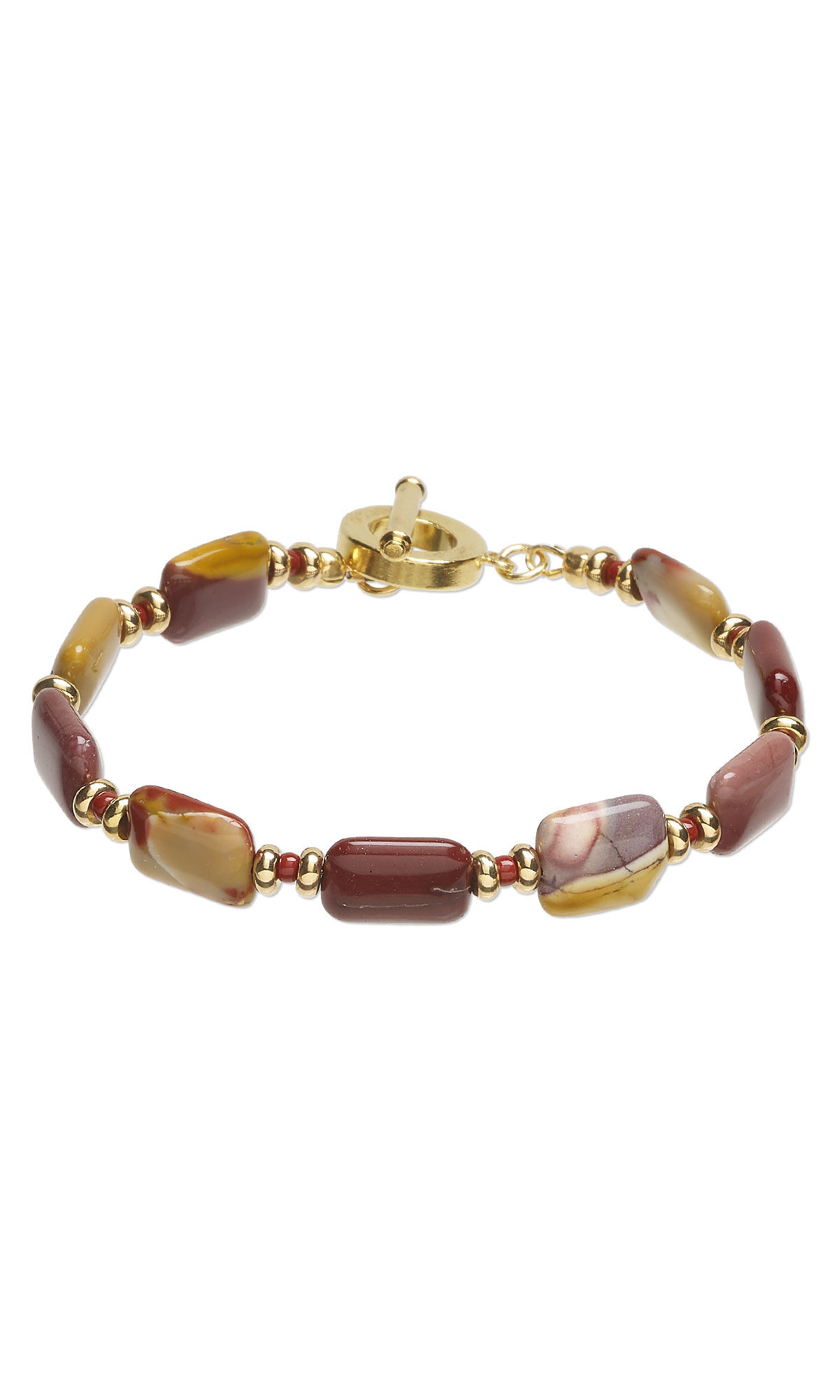 Design Idea S F 2 N, a bracelet featuring natural moukaite jasper flat pillow beads accented with gold-plated brass heishi beads and maroon Miyuki seed beads, finished with a gold-finished toggle clasp.