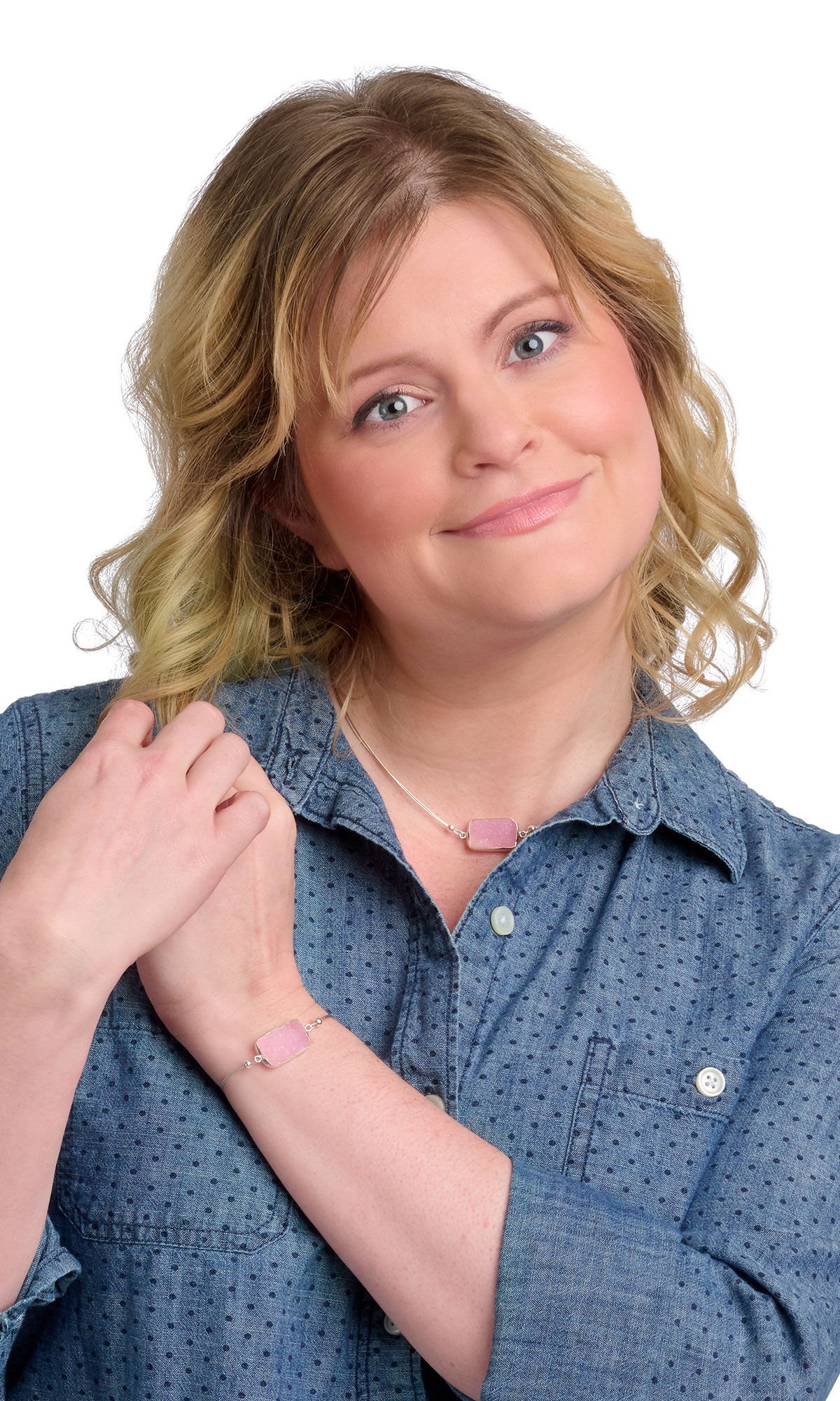 model in denim wearing Design Idea R H 2 6 wire necklace and bracelet with rectangular pink druzy agate focals