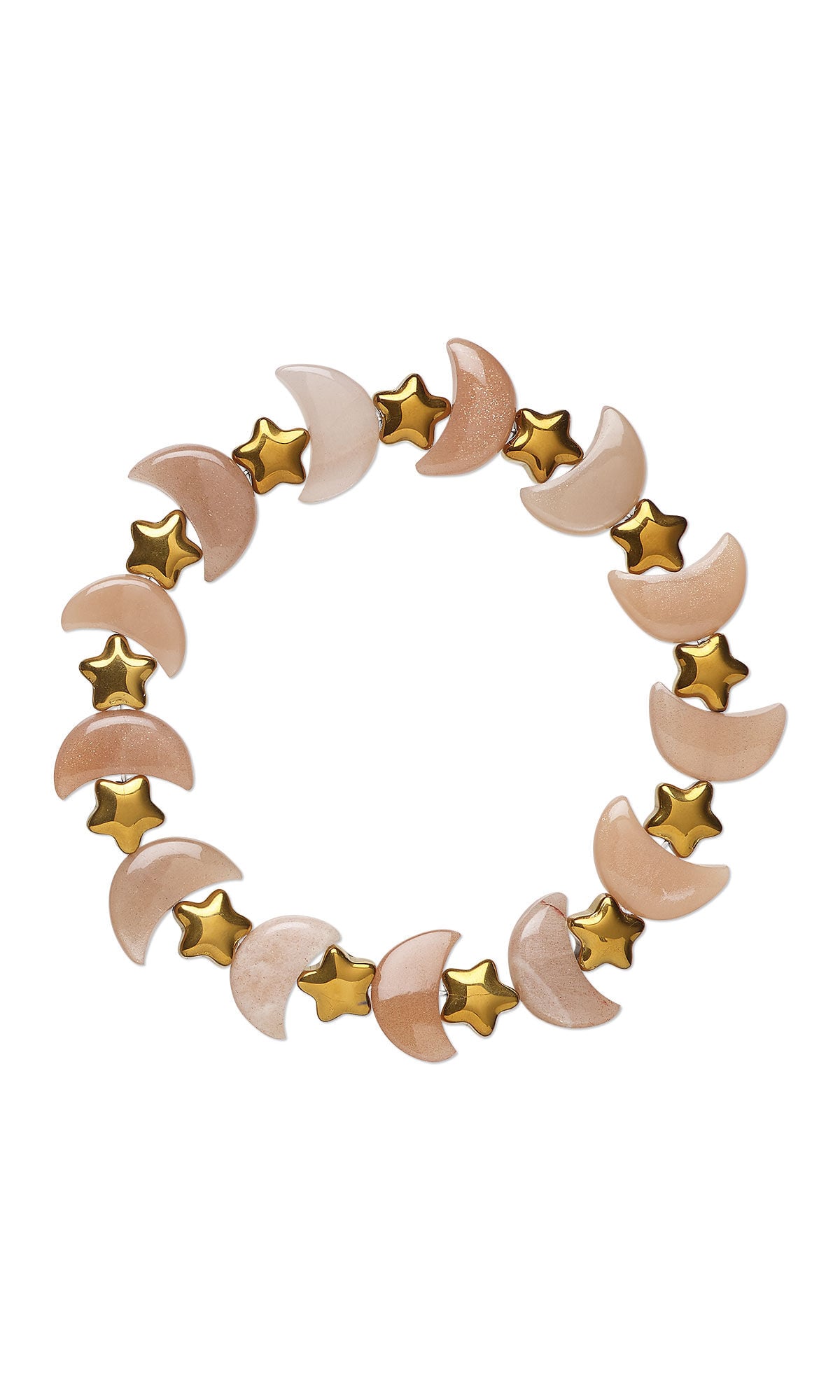 Design Idea S D 3 M &ndash; Stretch bracelet made with peach moonstone gemstone crescent-moon beads, pressed glass star beads and clear Powercord&reg; elastic cord