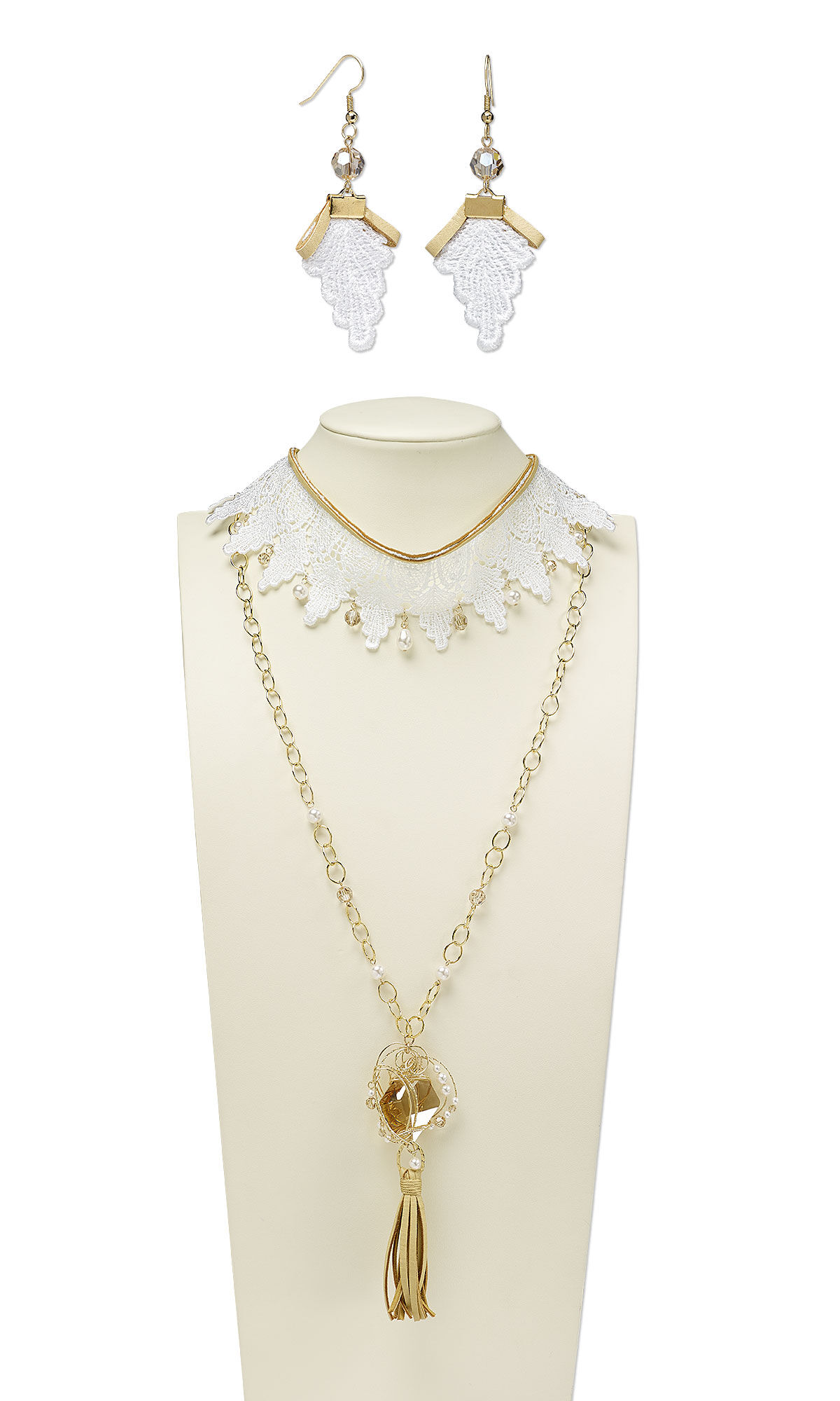 Lace earrings, lace collar, and chain necklace with a tassel