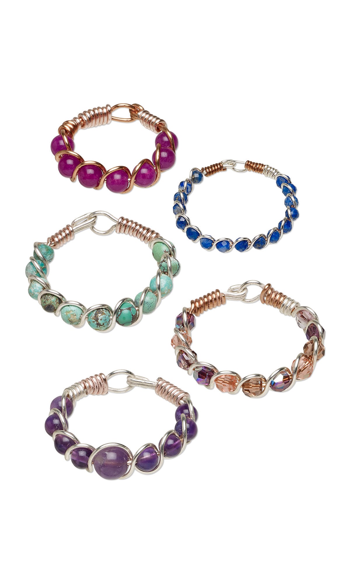 Design Idea S H 2 H &ndash; The band of each of five rings is composed of many wire-wrapped gemstones, a different gemstone for each ring