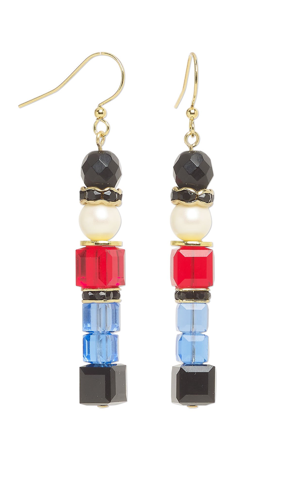 Earrings depict tiny nutcrackers, using a pearl for the head, black beads for the hat, and red, blue and black beads for he clothing.