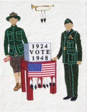 Two beaded soldiers with a voting box