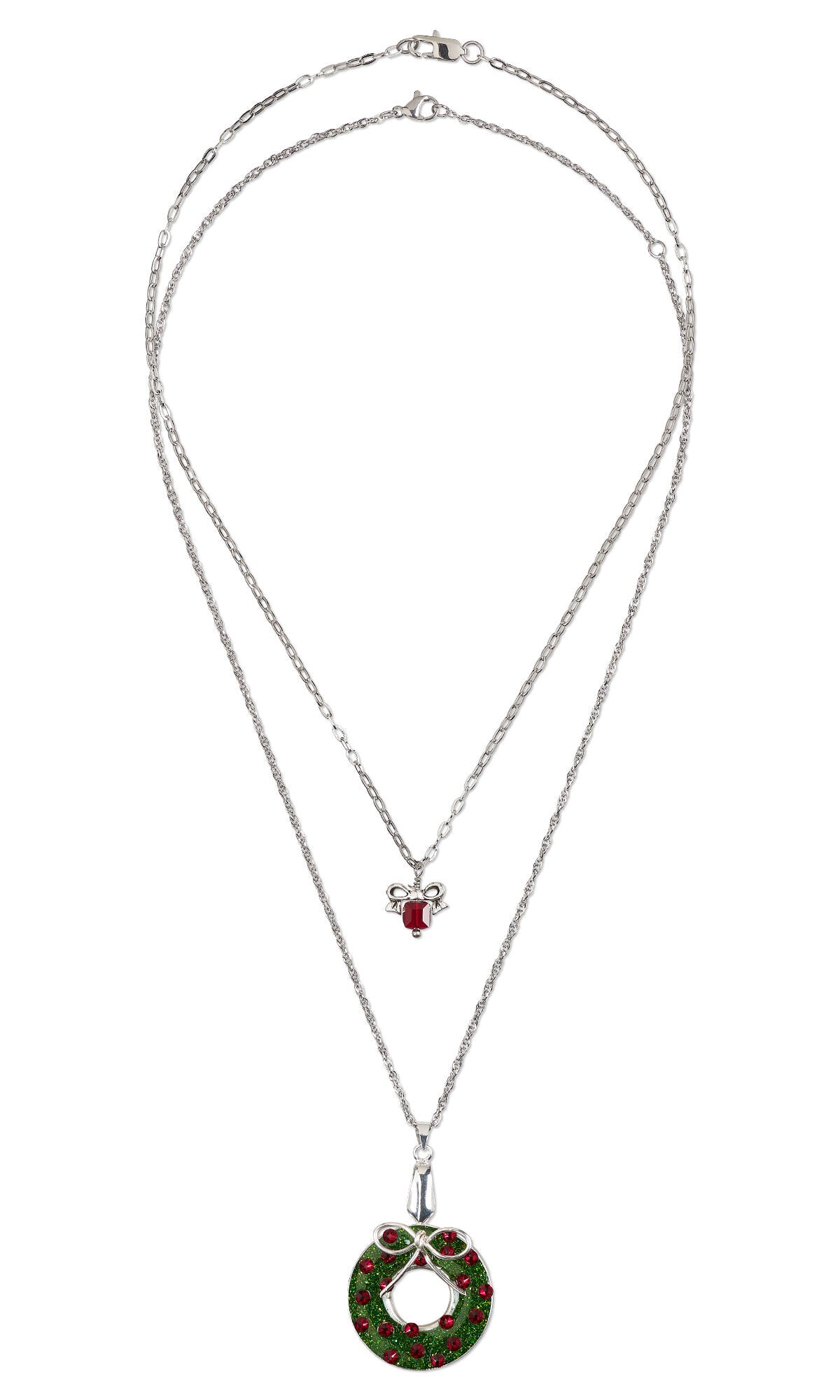 Design Idea S H 2 7: Shorter necklace has delicate stainless steel chain and a pendant of antique silver-plated bow bead with a Crystal Passions&reg; cube bead for the look of a tiny gift. Longer necklace also has stainless steel chain. The pendant is shaped like a wreath and has a silvery bow.