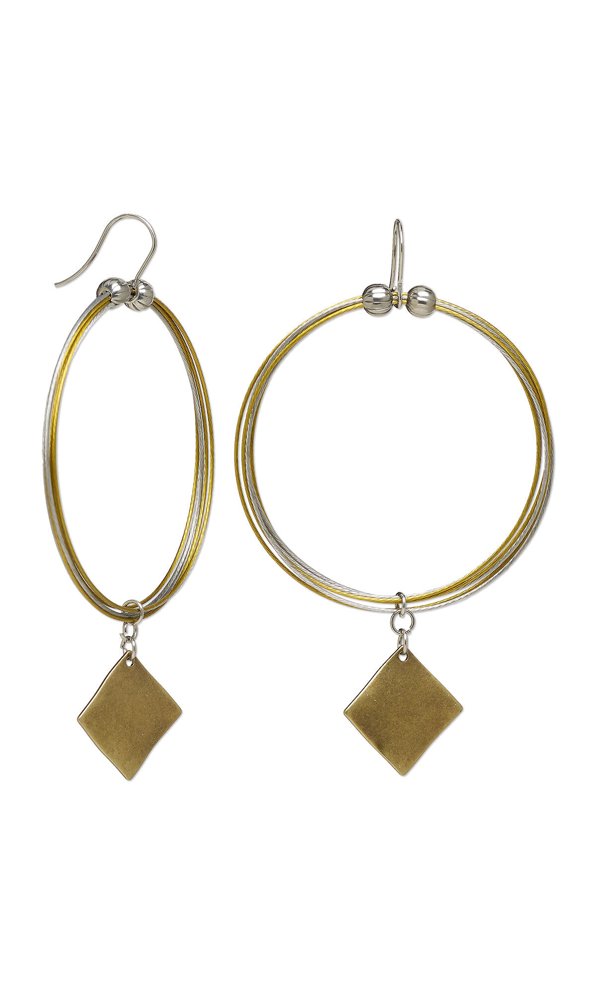 wire hoop earrings with diamond shaped gold plated drops