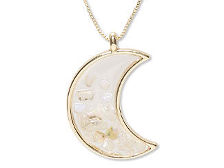 Simple gold chain necklace with an open gold crescent moon pendant filled with iridescent white Ethiopian opal chips