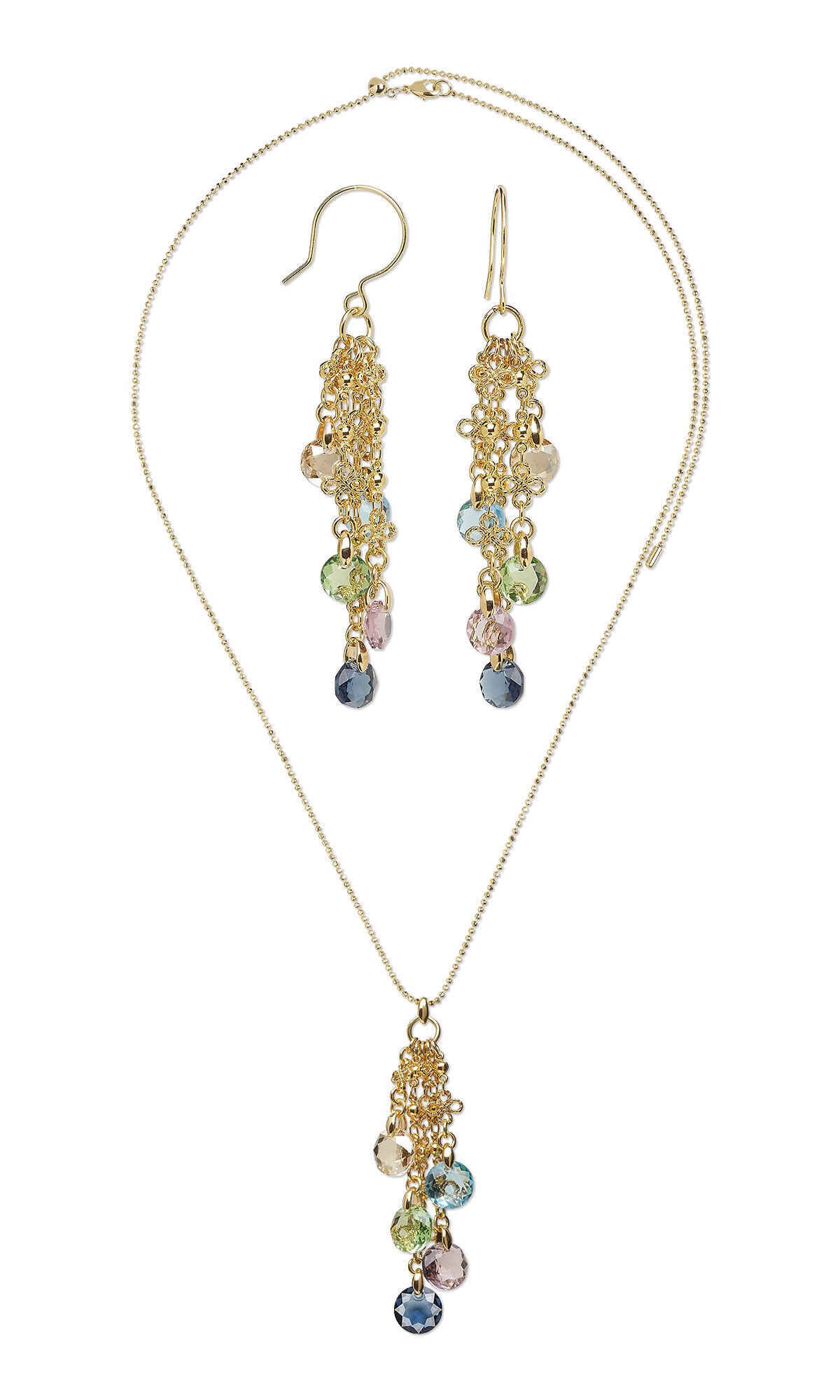 Design Idea R K 2 C - Gold ball-chain necklace has a pendant featuring five lengths of chain, each with a different colored round crystal drop at the end&mdash;aqua, light green, dark blue, purple and golden yellow. Earrings feature the same pendants with slightly smaller drops.