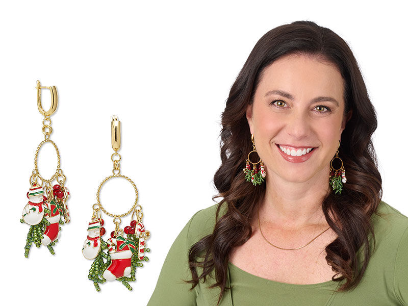 Model wearing a jewelry design using Christmas charms 