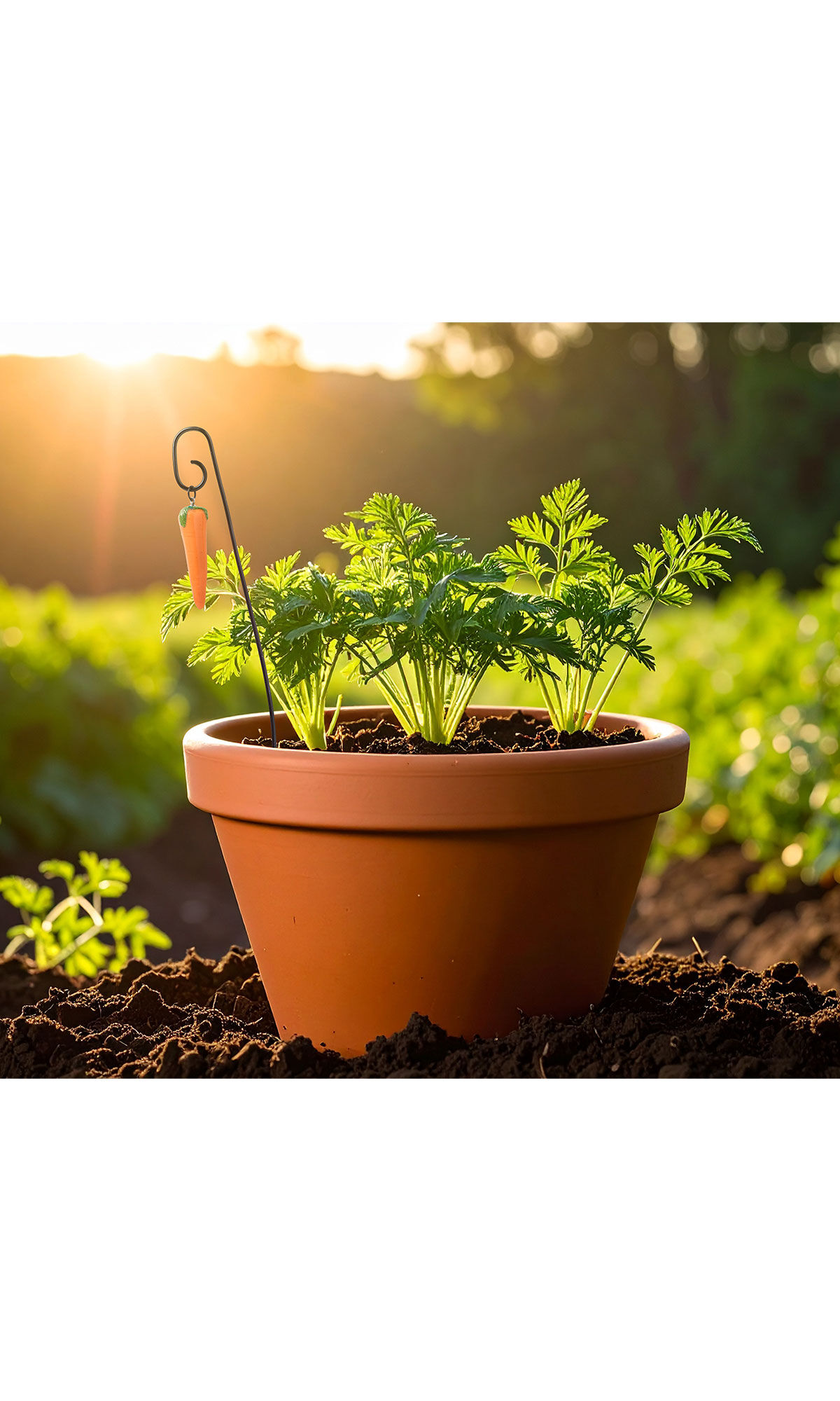 Carrot tops growing from terra cotta pot with cute carrot plant stake