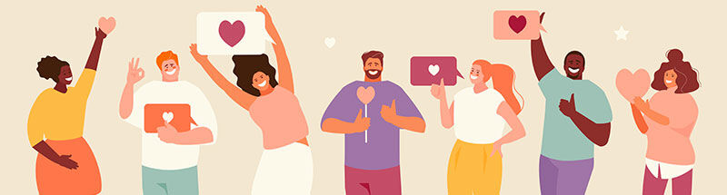 A group of cartoon people holding hearts