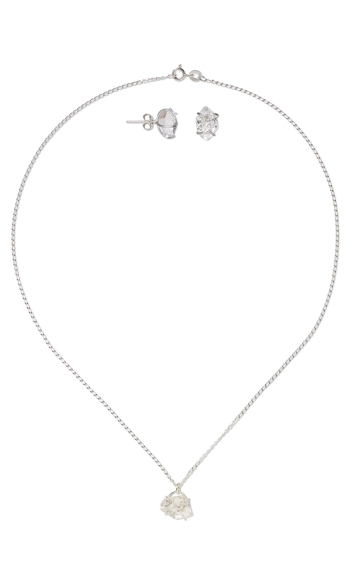 A single strand necklace with a crystal pendant and crystal earrings