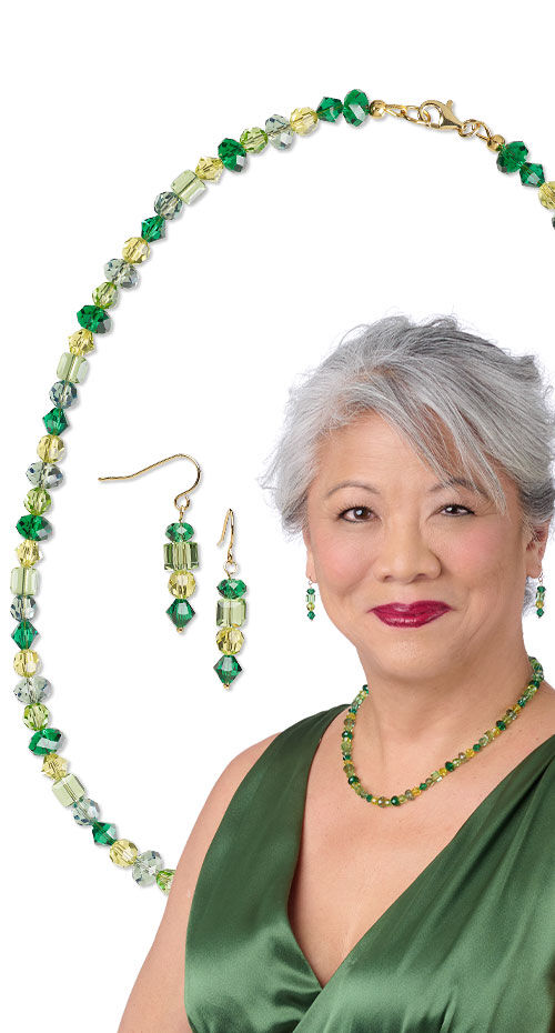 Model wearing earrings with crystal passions bicone beads