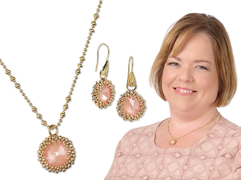 Model wearing a necklace and earrings with seed beads