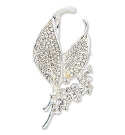 Brooch / pendant, glass rhinestone and imitation rhodium-plated "pewter" leaves with hidden bail