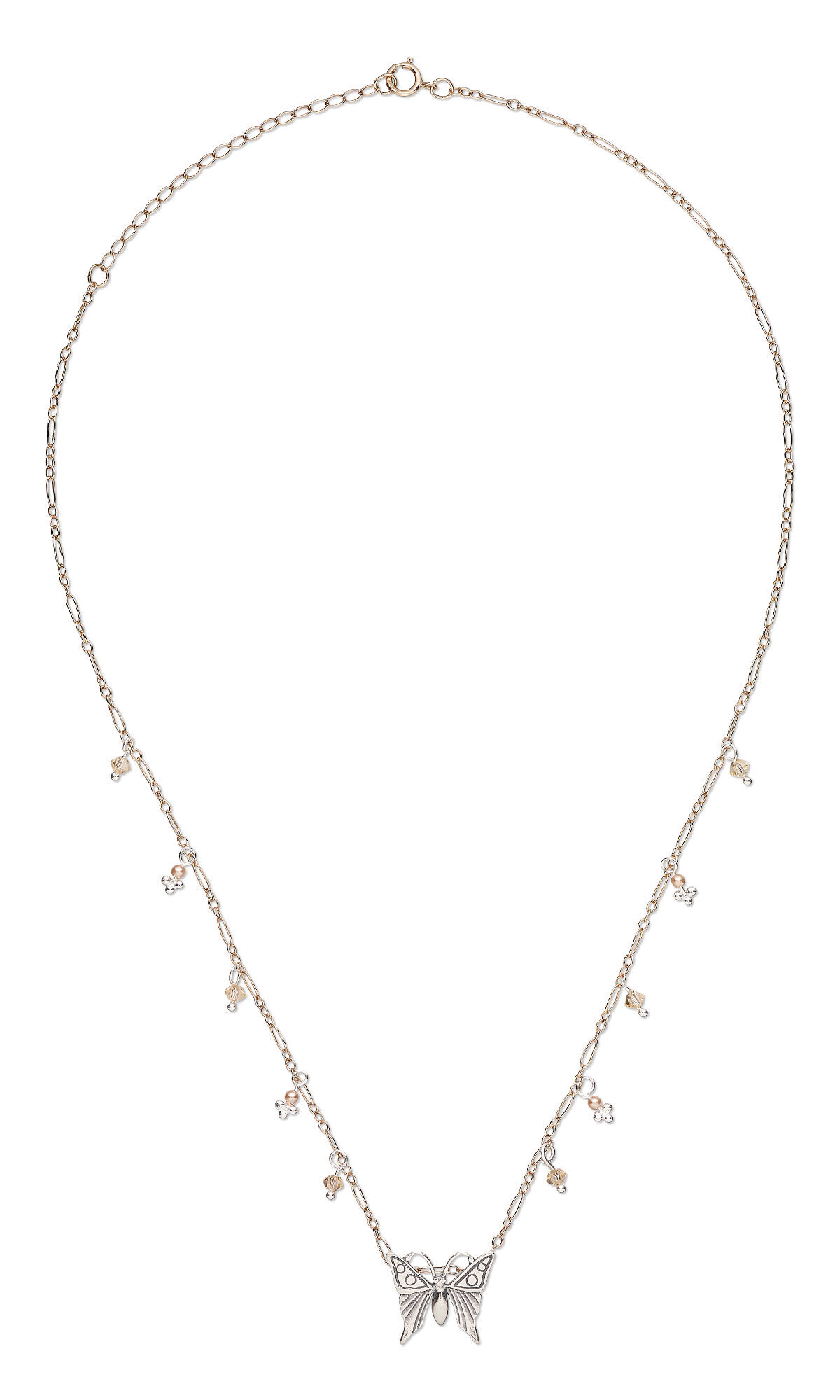 Chain necklace with Butterfly pendant and pink crystal drops