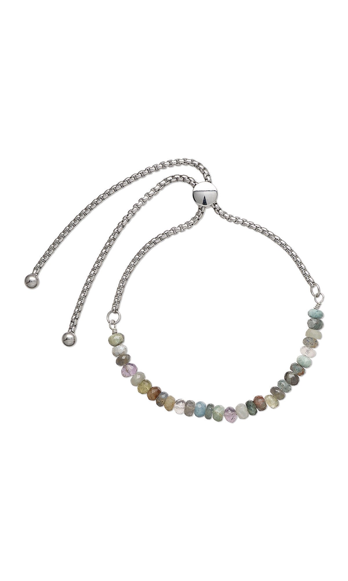 Design Idea R G 2 Y Half of the bracelet is subdued shades of multi-colored gemstone beads. The other half is a thick chain that ends in two steel balls and has a large slider bead to adjust size.