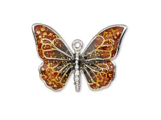 Butterfly pendant with orange and black enamel in a silvery setting
