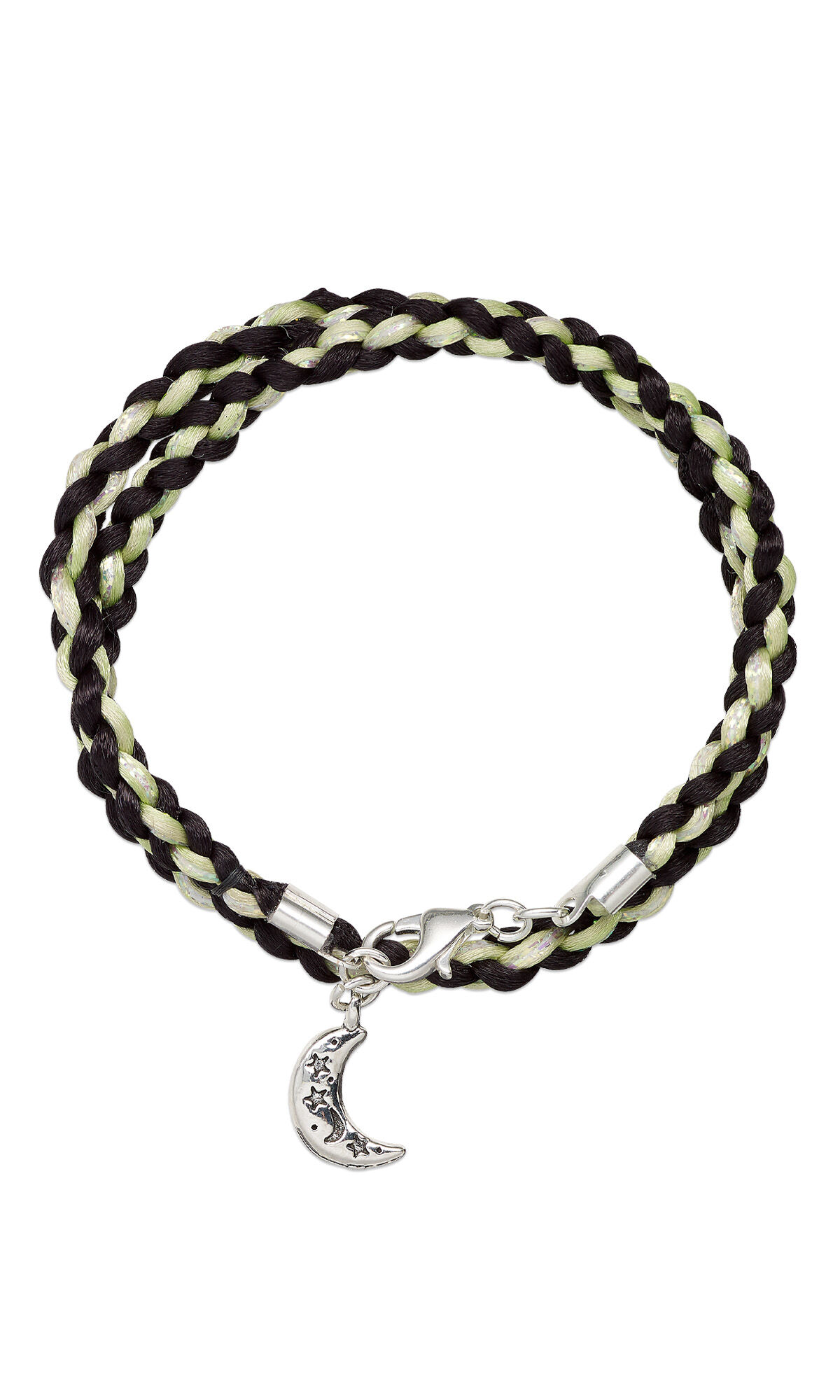 a black and green woven bracelet with a moon-shaped charm