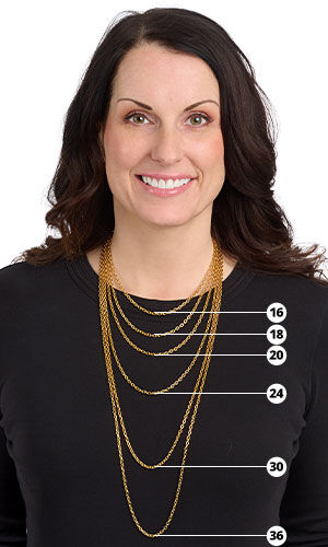 A woman in a black blouse wearing several different lengths of necklace