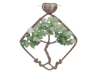 Wireworked tree-of-life pendant in a diamond-shaped frame with small green chip beads for the tree&rsquo;s leaves.