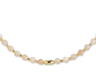 Design Idea S D 2 3 &ndash; Necklace has pale pink gemstone beads on either side of a gold oval bead. The back of the necklace is chain.