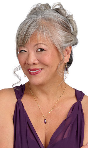 model in a purple dress wearing Design Idea R C 3 8 Single-Strand Necklace, Bracelet and Earring Set with gold-filled chain and cubic zirconia