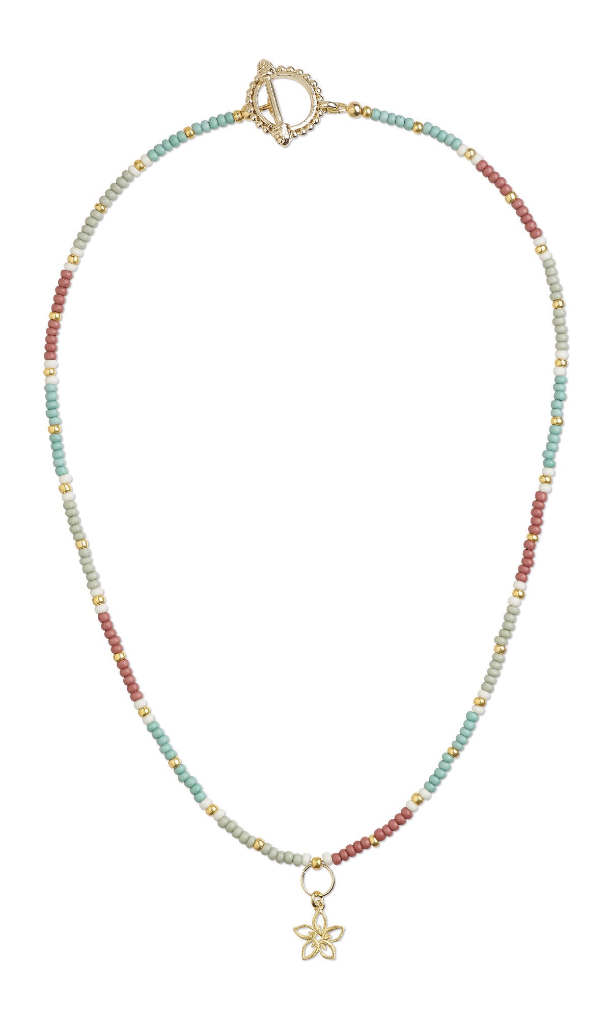 Design Idea S K 2 F &ndash; Necklace is strung with rocaille seed beads in small, colored sections &ndash; light green, light blue and light pink. The sections are divided by white and gold seed beads. A golden flower charm hangs from a large jump ring at the center.