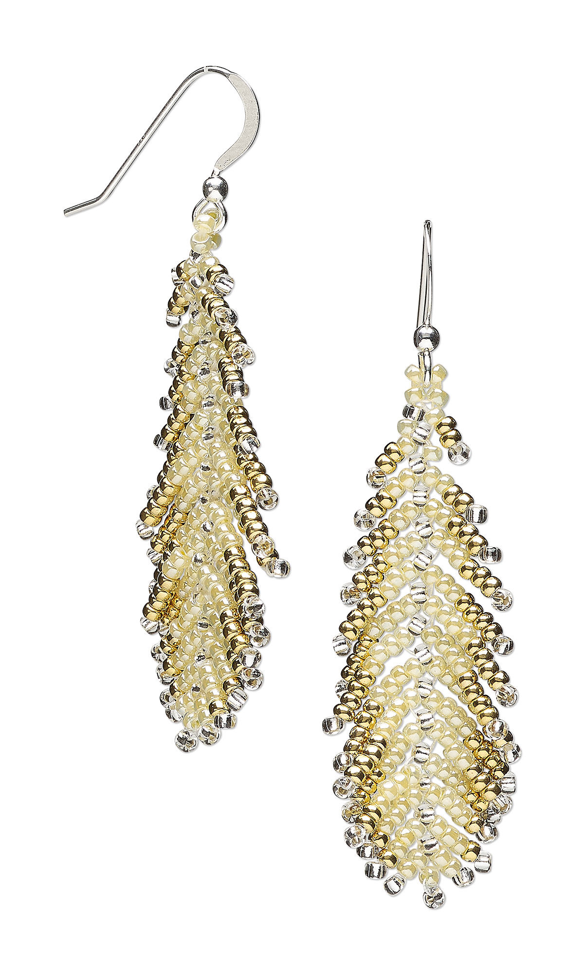 Design Idea S B 3 3 &ndash; Seed beaded earrings look like feathers with pale yellow seed beads in the center and gold seed beads on the edges.