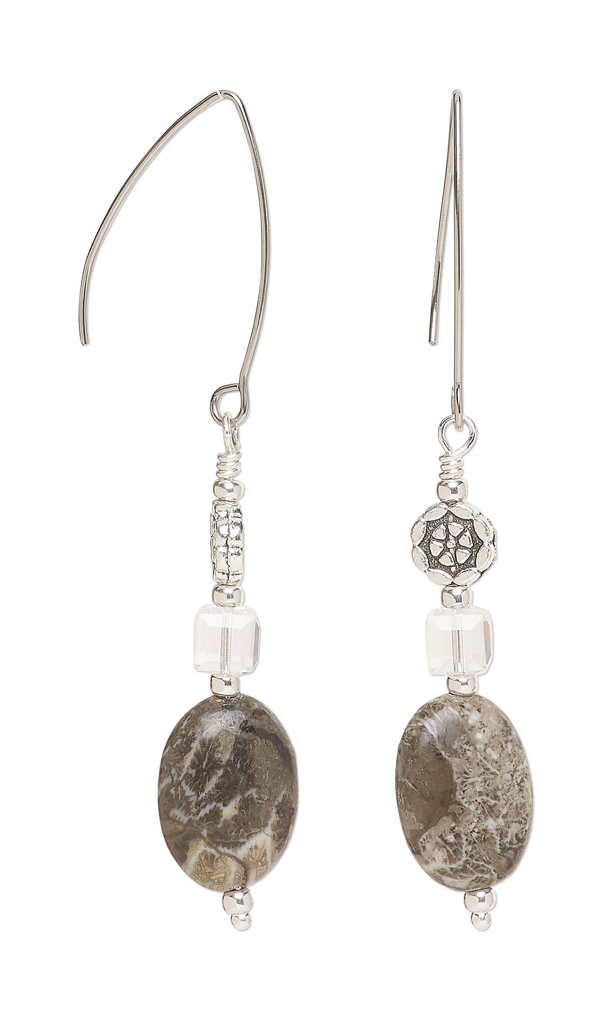 Design Idea R J 2 S - Earrings show drops featuring silver flower beads, square crystal beads and brownish-grey textured oval fossil coral beads.