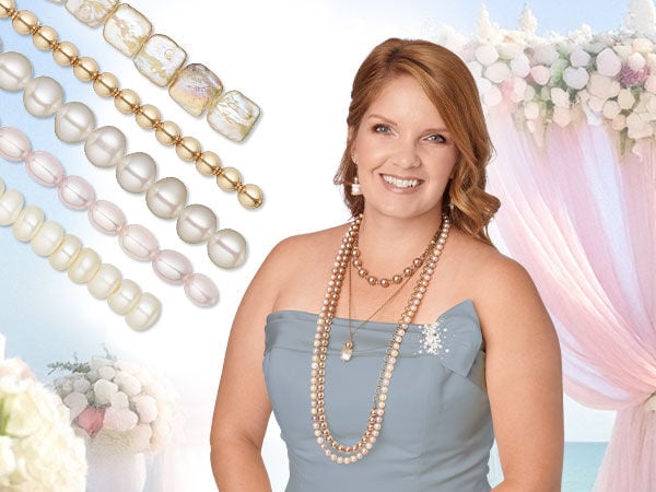 Strands of pearls of different colors and a model wearing a layered pearl necklace at a beach wedding venue