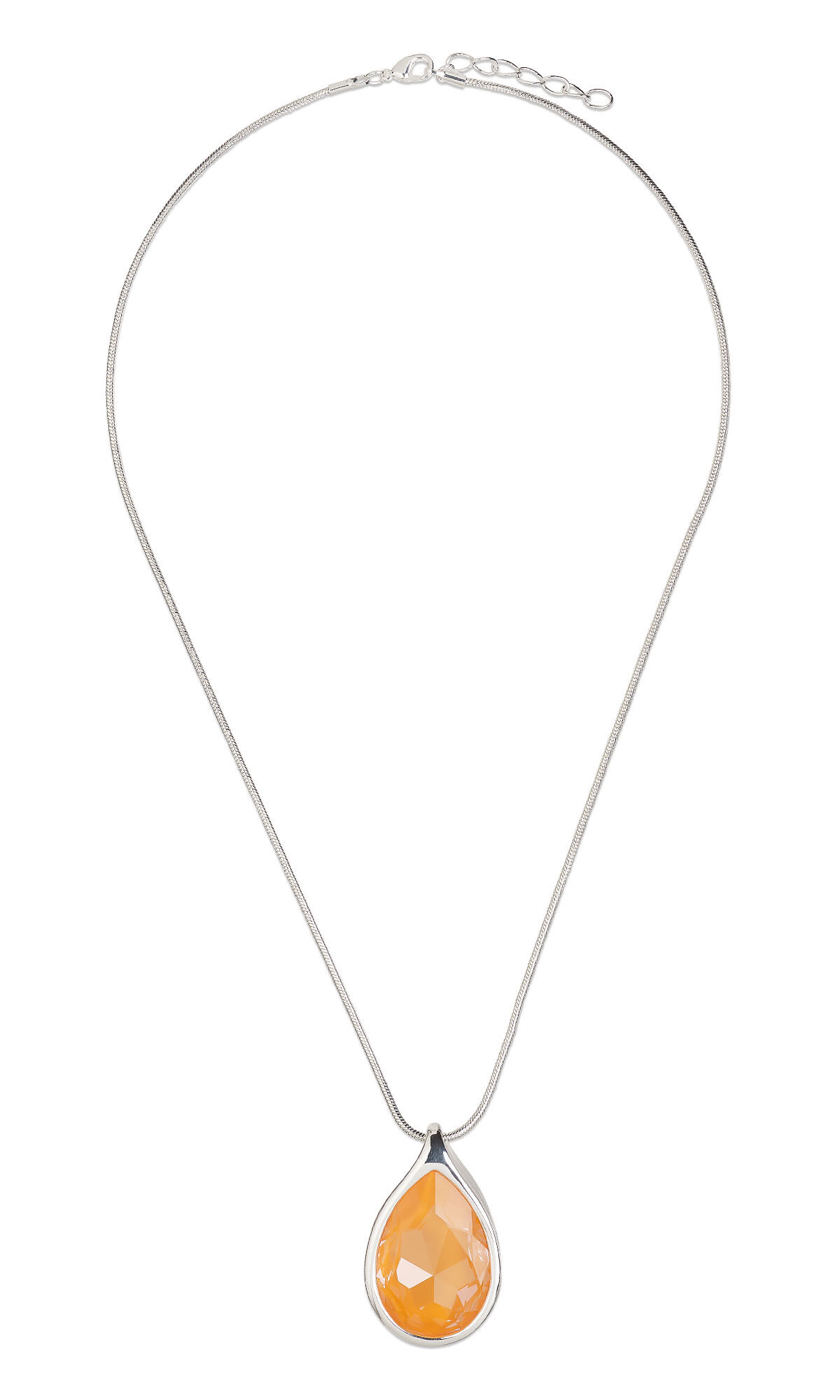 A single-strand necklace with an orange pear shaped crystal pendant